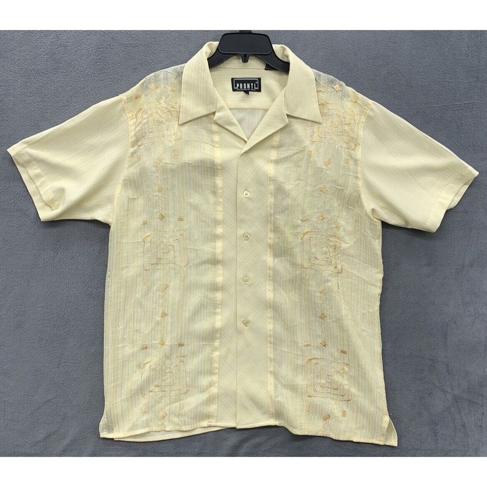 Pronti Button Down Shirt Men's Size XL Yellow Short Sleeve Embroidered Design